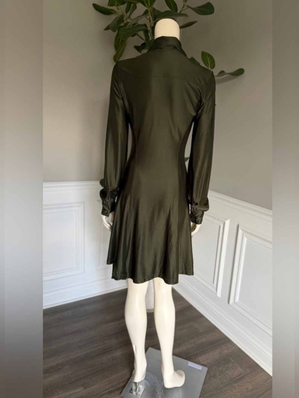✨️ Rabanne Button Embellished Draped Olive Green Long Sleeve Shirt Dress - Picture 10 of 15